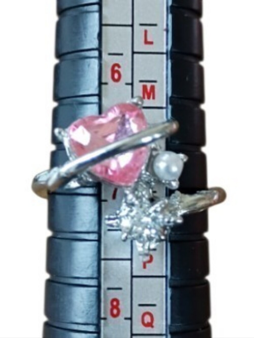 Ring Size 7 Silver Tone Pink Heart Crystal Ring Pearl Accent Fashion Jewelry